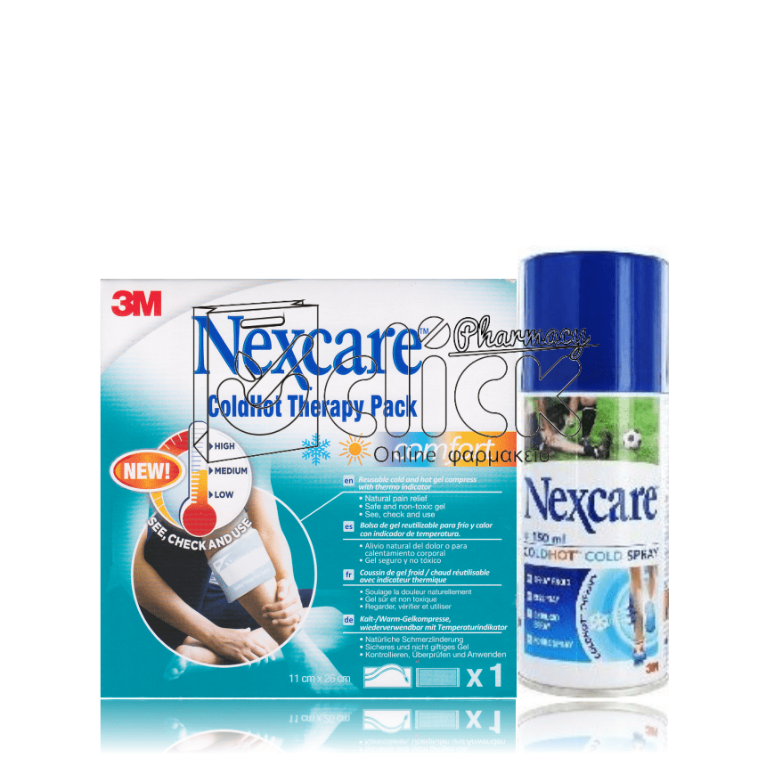 NEXCARE Coldhot Comfort 2 σε 1 Παγοκύστη & θερμοφόρα για ανακούφιση από τον πόνο 11cm x 26cm 1τεμ & Spray 150ml
