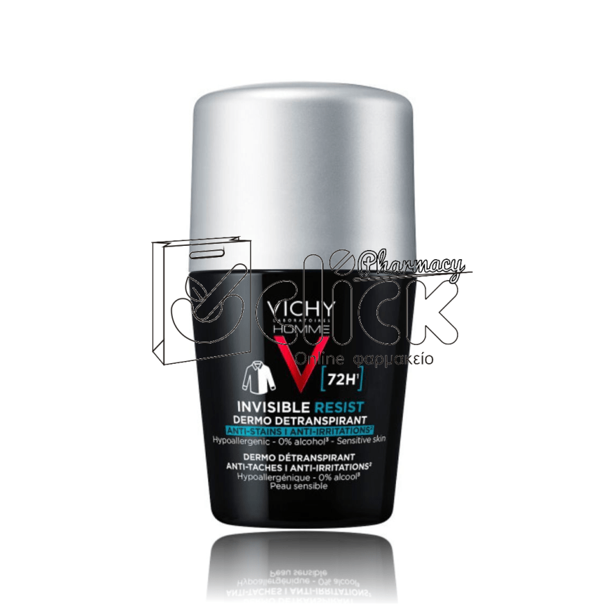 VICHY Homme Invisible Resist 72H Ανδρικό Αποσμητικό Roll-On Κατά των Σημαδιών & της Έντονης Εφίδρωσης 50ml