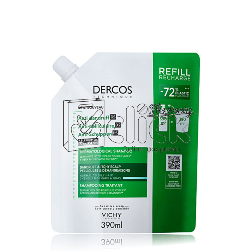 VICHY Dercos Anti Dandruff DS Eco Refill Ανταλλακτικό Σαμπουάν κατά της Πιτυρίδας για Κανονικά & Λιπαρά Μαλλιά 390ml