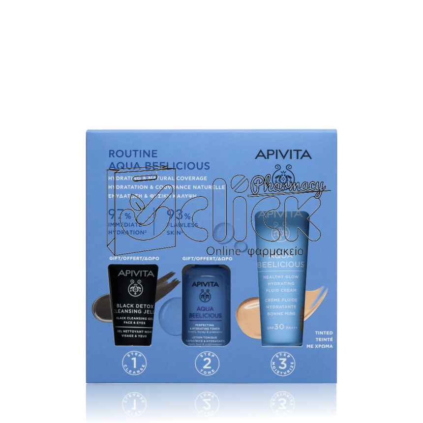 APIVITA Αqua Beelicious Ενυδατική Κρέμα με Χρώμα Ελαφριάς Υφής SPF30 & Δώρο Αqua Beelicious Ενυδατικό Τόνερ 50ml & Black Detox Gel Καθαρισμού 15ml
