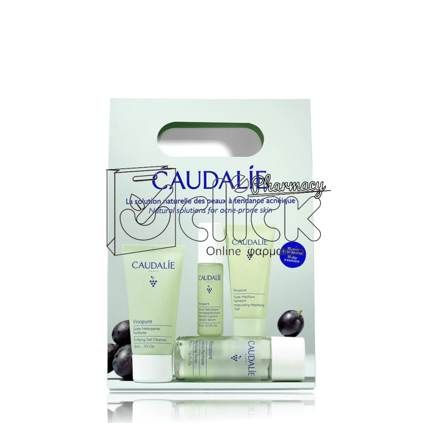 CAUDALIE Vinopure Starter Kit κατά των Ατελειών με Vinopure Purifying Gel Cleanser Καθαριστικό Προσώπου 30ml, Toner 50ml, Blemish Control Salicylic Serum Ορός Προσώπου  30ml & Moisturizing Mattifying Fluid Ενυδατική Κρέμα 15ml 1σετ