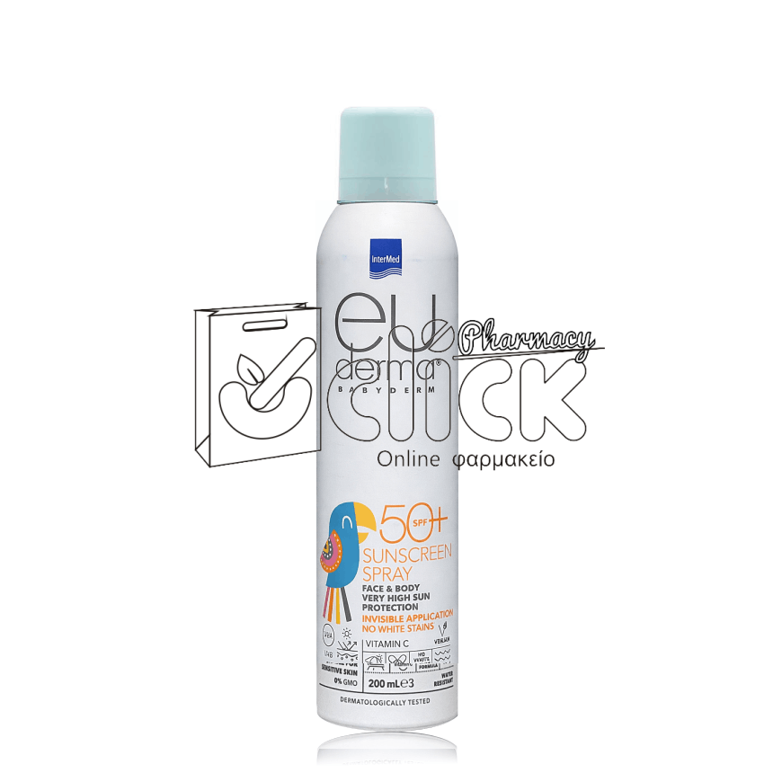 INTERMED Euderma Babyderm Sunscreen Spray SPF50+ Αόρατο Παιδικό Αντηλιακό Σπρέι Προσώπου & Σώματος 200ml