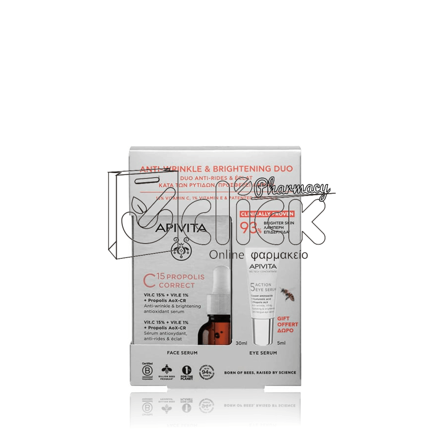 APIVITA Promo Anti-Wrinkle & Brightening Duo με Bee Tech Concentrates C15 Propolis Correct Αντιρυτιδικό & Αντιοξειδωτικό Ορό Λάμψης 30ml & Δώρο Ορό Ματιών 5 Action Eye Serum 5ml