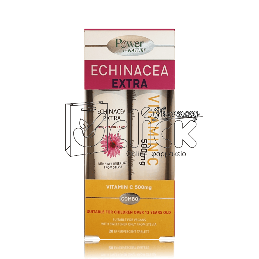 POWER OF NATURE Echinacea Extra με 100% Στέβια x20 αναβράζοντα δισκία Λεμόνι & Δώρο Βιταμίνη C 500mg x20 αναβράζοντα δισκία Πορτοκάλι