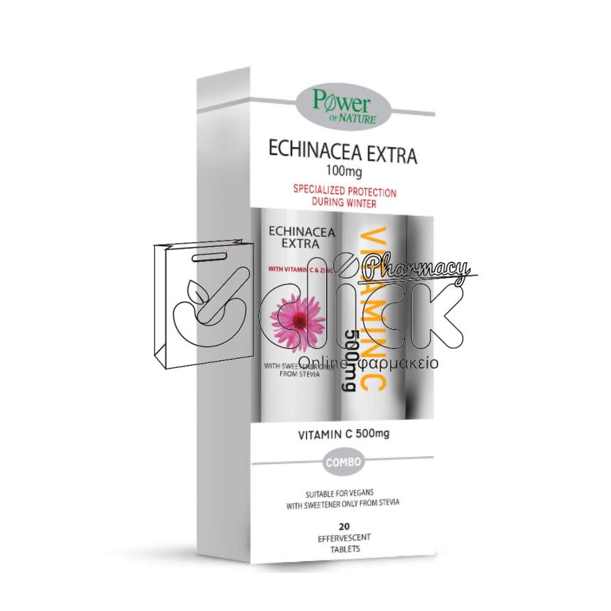 POWER HEALTH Echinacea Extra αναβράζοντα δισκία Λεμόνι με 100% Στέβια x24 & Δώρο Βιταμίνη C 500mg αναβράζοντα δισκία Πορτοκάλι x20