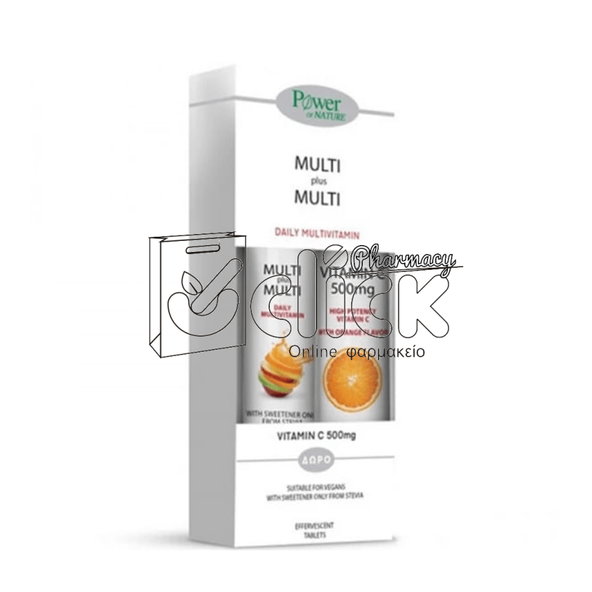 POWER HEALTH MULTI+MULTI Πολυβιταμίνη σε αναβράζοντα δισκία Ροδάκινο με 100% Στέβια x24 & Δώρο Βιταμίνη C 500mg αναβράζοντα δισκία Πορτοκάλι x20