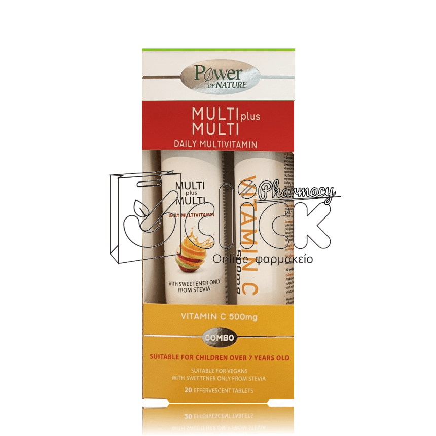POWER OF NATURE Multi+Multi Πολυβιταμίνη με 100% Στέβια x20 αναβράζοντα δισκία Ροδάκινο & Δώρο Βιταμίνη C 500mg x20 αναβράζοντα δισκία Πορτοκάλι