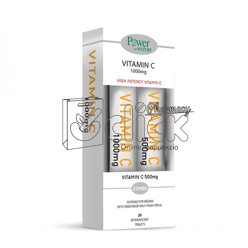 POWER OF NATURE Vitamin C 1000mg αναβράζοντα δισκία  Πορτοκάλι με 100% Στέβια x24 & Δώρο Βιταμίνη C 500mg αναβράζοντα δισκία Πορτοκάλι x20
