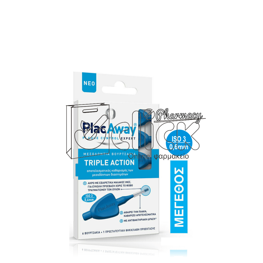 Plac Away Μεσοδόντιο Βουρτσάκι Triple Action 0.6mm, ISO 3, Μπλε, 6τεμ